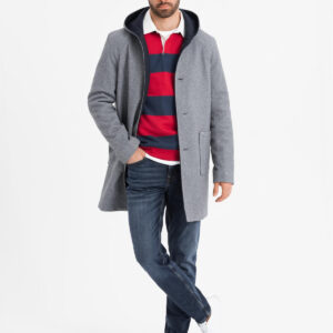 Melanżowy męski długi płaszcz z kapturem – szary V1