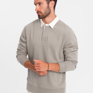 Bluza męska z białym kołnierzykiem polo - ciemnobeżowa V2