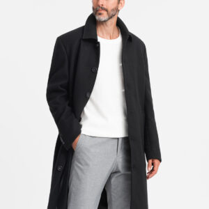 Męski długi jednorzędowy płaszcz z kołnierzykiem i podpinką – czarny V1