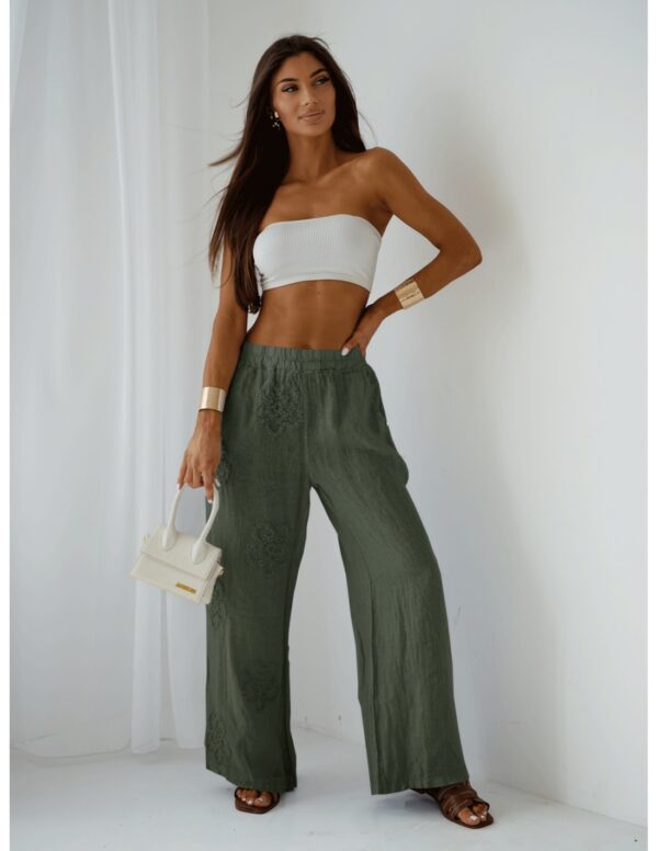 Stylowe lniane spodnie z szerokimi nogawkami ARIELLE - khaki