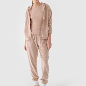 4F Bluza dresowa z weluru rozpinana z kapturem damska - beżowa