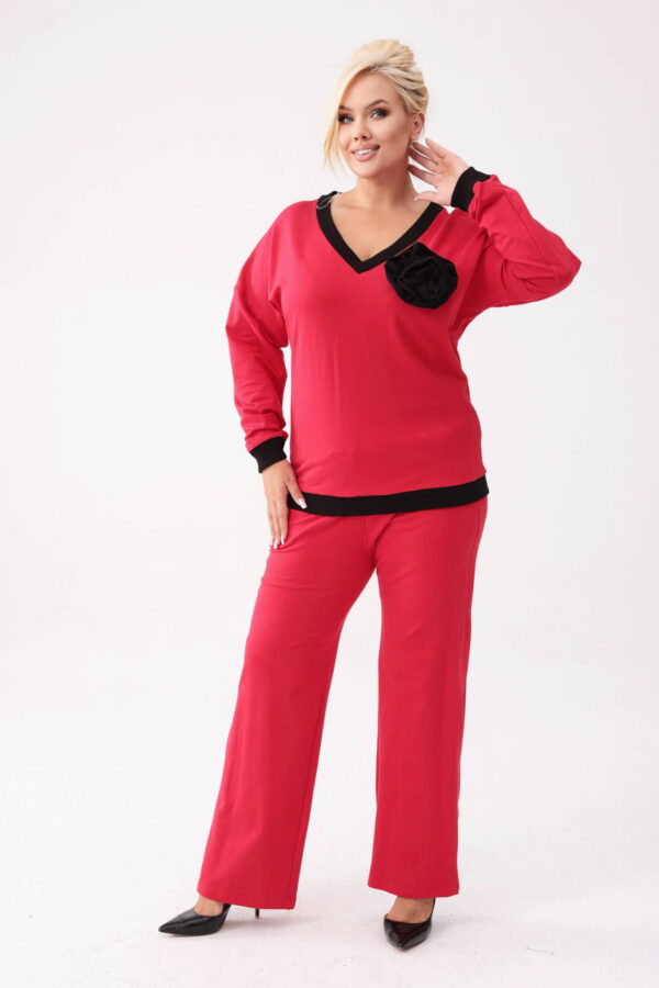 Bawełniany czerwony komplet dresowy Comfy - bluza z różą + długie spodnie PLUS SIZE XXL OVERSIZE JESIEŃ