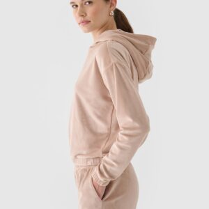 4F Bluza dresowa z weluru nierozpinana z kapturem damska - beżowa