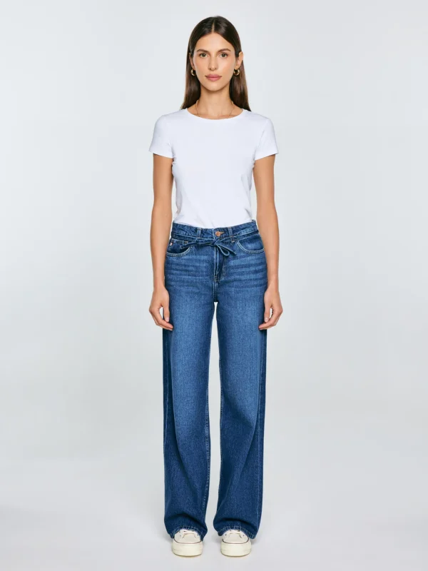 Jeansy damskie z szeroką nogawką granatowe Atrea 514