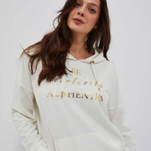 53bf9dfb4bdb7cebd8c0c3c20aa7bdda9a0cdac1 Bluza z kapturem i ozdobnym napisem perłowa