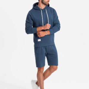 56ec6222110f452d4ac4ea3de34f32afddc74b25 Męski dresowy komplet bluza kangurka + szorty – ciemnoniebieski V4