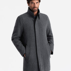 Męski płaszcz zimowy z wełną i pikowaną podpinką – grafitowy melanż V1