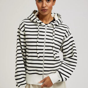 Bluza w cienkie paski z kapturem zapinana na zamek czarno-biała