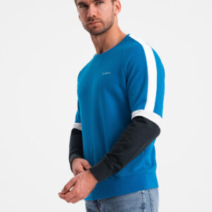 Trójkolorowa dresowa męska bluza z raglanowymi rękawami – niebieska V4