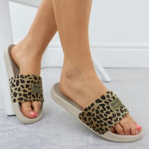 Klapki damskie w panterkę plażowe basenowe beżowe SS274715