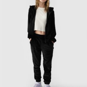 4F Bluza dresowa z weluru rozpinana z kapturem dziewczęca - czarna 122 (6-7 lat)