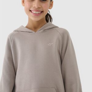 4F Bluza dresowa nierozpinana z kapturem dziewczęca - beżowa 122 (6-7 lat)