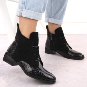 Botki damskie lakierowane kroko czarne Potocki 12498