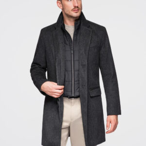 Długi rozpinany męski płaszcz z wełną – grafitowy V2
