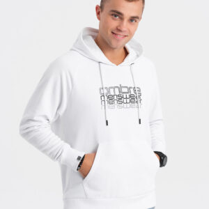 Męska bluza nierozpinana z kapturem i nadrukiem - biała V1