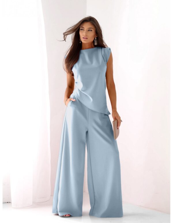 Komplet asymetryczna bluzka i spodnie ARMINA - błękitny