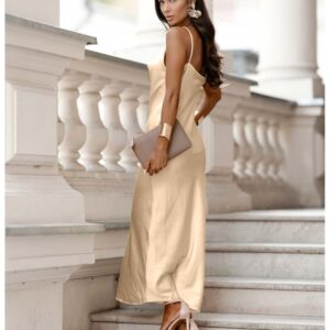 Satynowa maxi sukienka na ramiączkach ROSA - beżowa