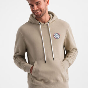 Bluza męska dresowa kangurka z kapturem i naszywką w stylu college – piaskowa V3