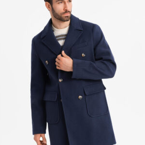 Dwurzędowy męski płaszcz z ozdobnymi guzikami – indygo V1