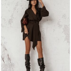 Sukienka mini z przekładanym dekoltem ALIA - czekoladowa