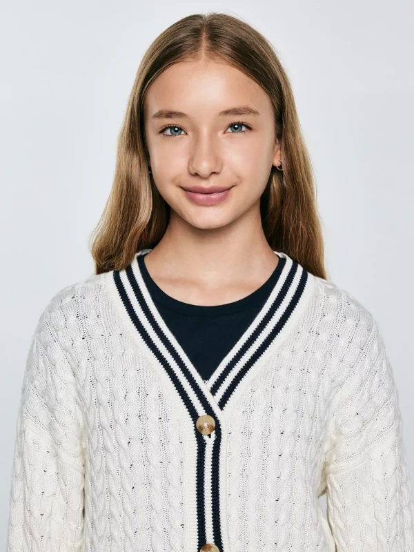 Kardigan dziewczęcy z kontrastowym wykoŅczeniem kremowy Misia 102