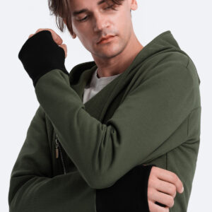 Asymetryczna bluza męska z obszernym kapturem NANTES - ciemnooliwkowa