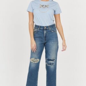 7 FOR ALL MANKIND Błękitne jeansy damskie THE MODERN STRAIGHT Z DZIURAMI