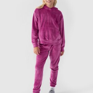 4F Bluza dresowa z weluru nierozpinana z kapturem dziewczęca - różowa 158 (12-13 lat)