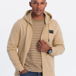 Męska rozpinana dresowa bluza z kapturem i patchem – piaskowa V2