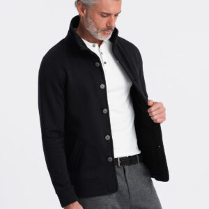 Męska bluza zapinana na guziki ze stójką casual - czarna V6