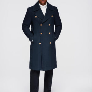 Dwurzędowy męski płaszcz z wełną w marynarskim stylu – granatowy V1