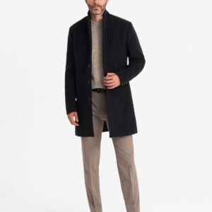 Jednorzędowy długi płaszcz męski w stylu garniturowym – czarny V1