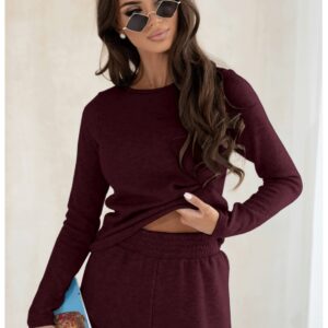 Komplet dzianinowy z szerokimi spodniami CELESTE - bordowy