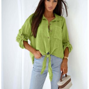 959f1fa64a38d6a8ab25154b29ce9811953b2a9a Lniana koszula oversize z wiązaniem DENI - limonkowa