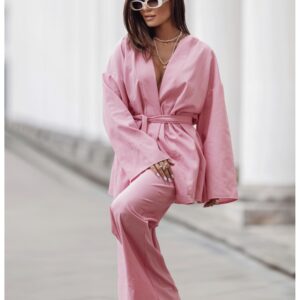 Stylowy lniany komplet z szerokimi spodniami NIKOL - brudny róż