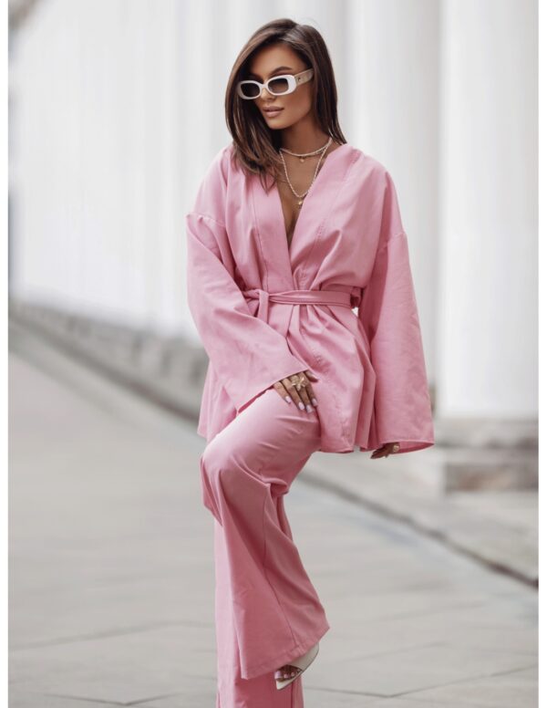 Stylowy lniany komplet z szerokimi spodniami NIKOL - brudny róż