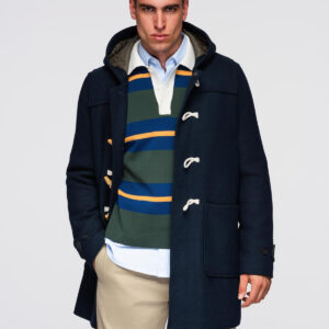 Męski płaszcz z wełną i kapturem duffle coat – granatowy V2