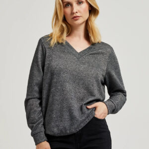 Bluza z dekoltem w serek i metalizowaną nitką szara