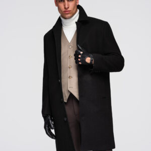Męski długi jednorzędowy płaszcz z kołnierzykiem i podpinką – czarny V1