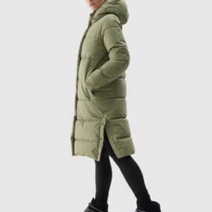 4F Długi płaszcz puchowy z syntetycznym wypełnieniem damski - khaki
