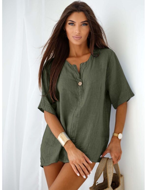 b42907c4224cf702bcb5085bd10176243cda94ad Lniana bluzka z krótkim rękawem BIANA - khaki
