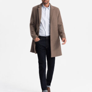 Elegancki jednorzędowy męski płaszcz z wełną – brązowy V1