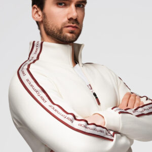 Męska bluza rozpinana z lampasami i wysoką stójką – kremowa V2