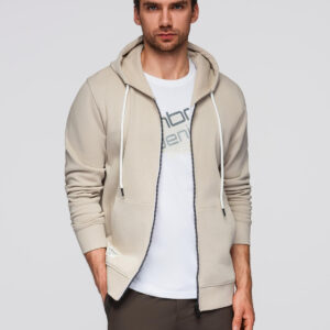 Bluza męska dresowa BASIC rozpinana z kapturem - jasnobeżowa V1