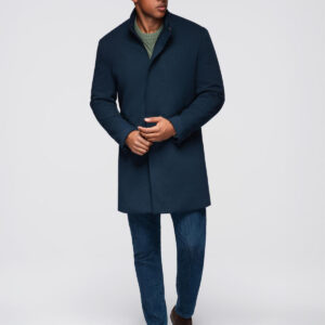 Dopasowany strukturalny płaszcz męski z wysokim kołnierzem – granatowy V2