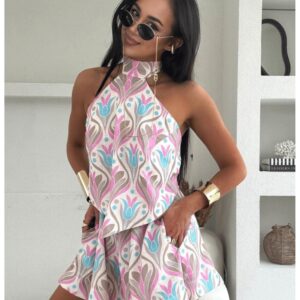 c5b9e13693a77764d023e16f316d1fba33870b15 Lniany komplet top halter i szorty ANSLEE - wzór 1