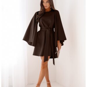 Trapezowa sukienka z szerokimi rękawami ENJA - czekoladowa