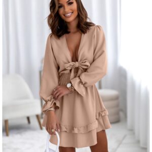 Sukienka z wiązanym dekoltem - INDILA - beżowa