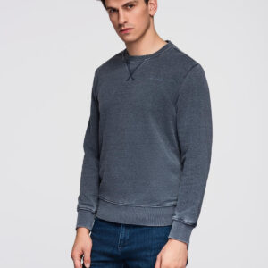 Washowana bluza męska z ozdobnym przeszyciem przy dekolcie - granatowa V4