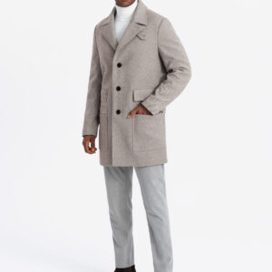 Jednorzędowy wzorzysty męski płaszcz z kieszeniami – popielaty V1